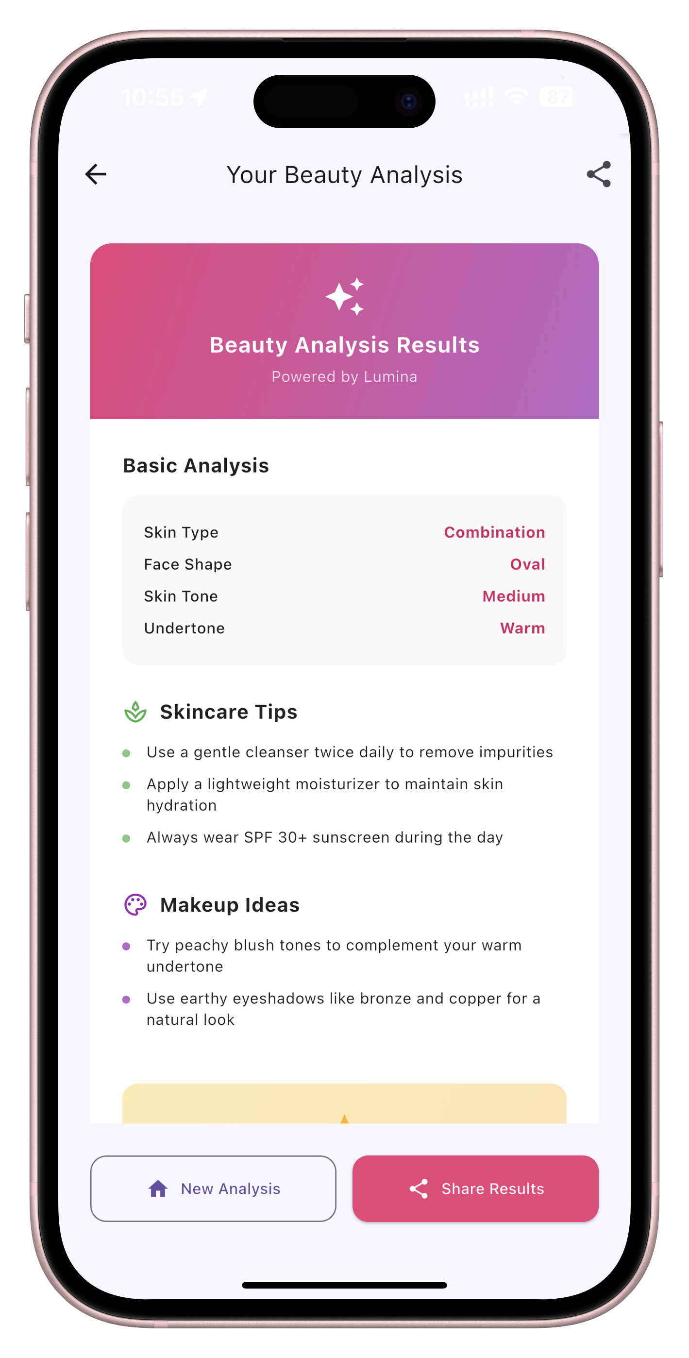 Lumina Beauty Analysis Results Screen